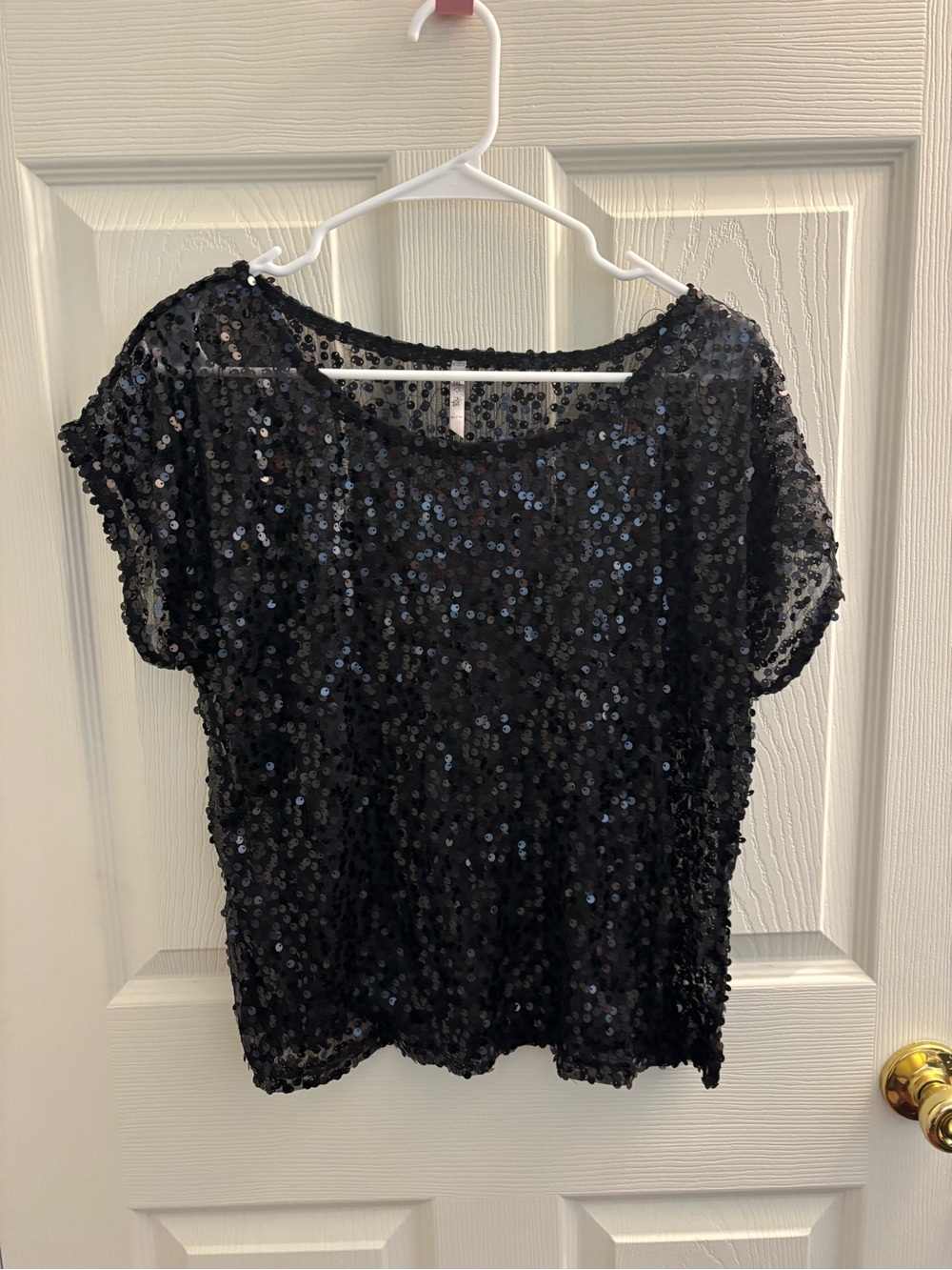 Black Sequin Short Sleeve Women's Top L